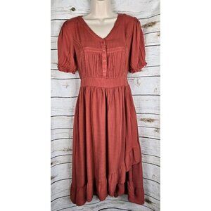Baltic Born Rust Red Peasant Dress M Prairie Rayon Midi Ruffle
